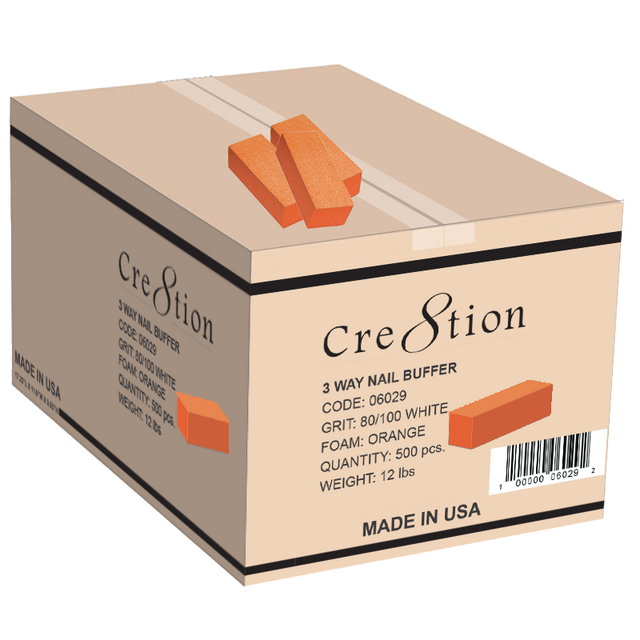 Cre8tion Professional Nails Buffer Orange White Premium 3 Ways - Grit  80/100 (Case of 500 pcs)