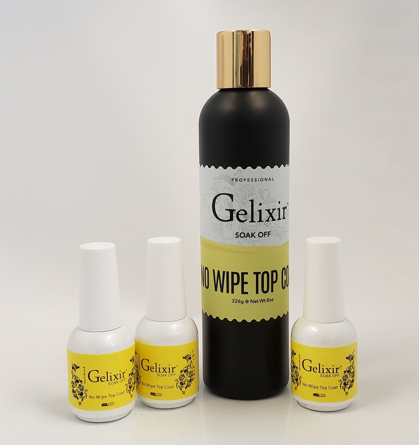 GELIXIR - LED/UV Soak Off Gel - Bundle  No-wipe Top Coat - Refill Size 8oz + 3 of bottles 0.5oz