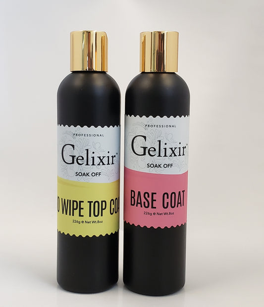 GELIXIR - LED/UV Soak Off Gel - Bundle Base No-wipe Top Coat - Refill Size 8oz