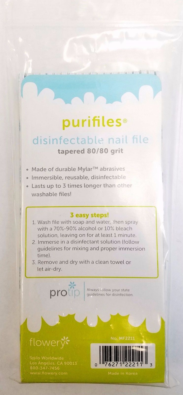 Paquete de 20 limas de uñas CÓNICAS desinfectables Flowery Purifiles - Elija su grano 