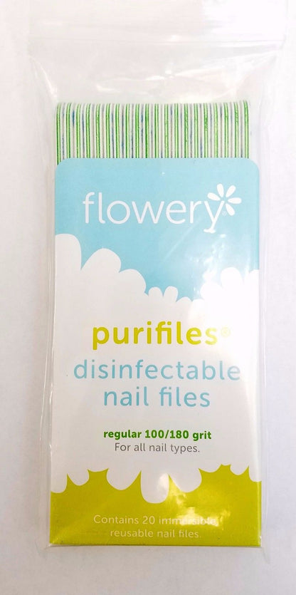 Paquete de 20 limas de uñas REGULARES desinfectables Flowery Purifiles - Elija su grano 