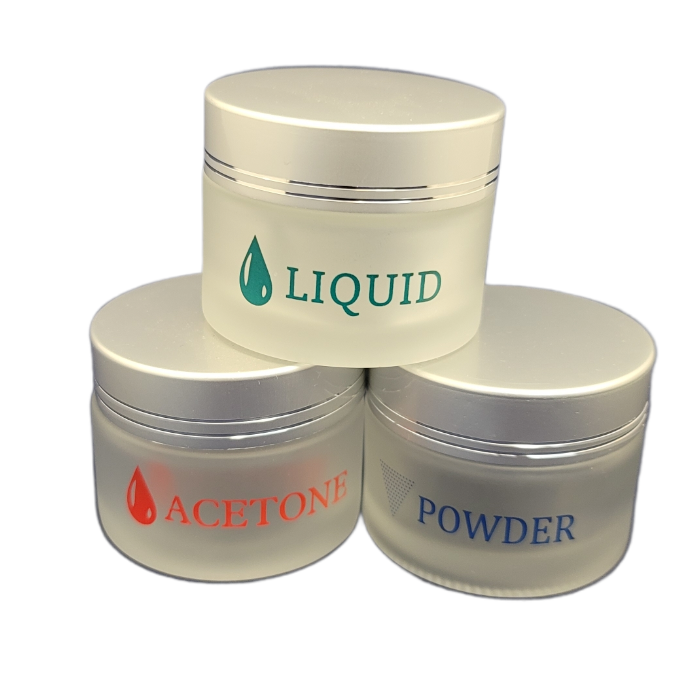 Set of Empty Frosted Glass Jar 2 oz - With Powder/Acetone/Liquid Label